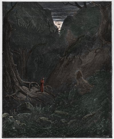 Inferno, Canto 1: The lion suddenly confronts Dante (illustration from The Divine Comedy) by Gustave after Dore